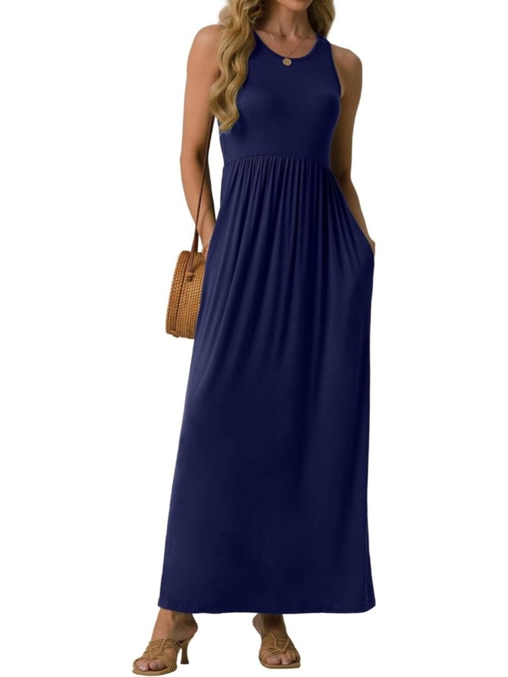 Women's Navy Blue Summer Sleeveless Casual Long Tank with Pockets Maxi Dress